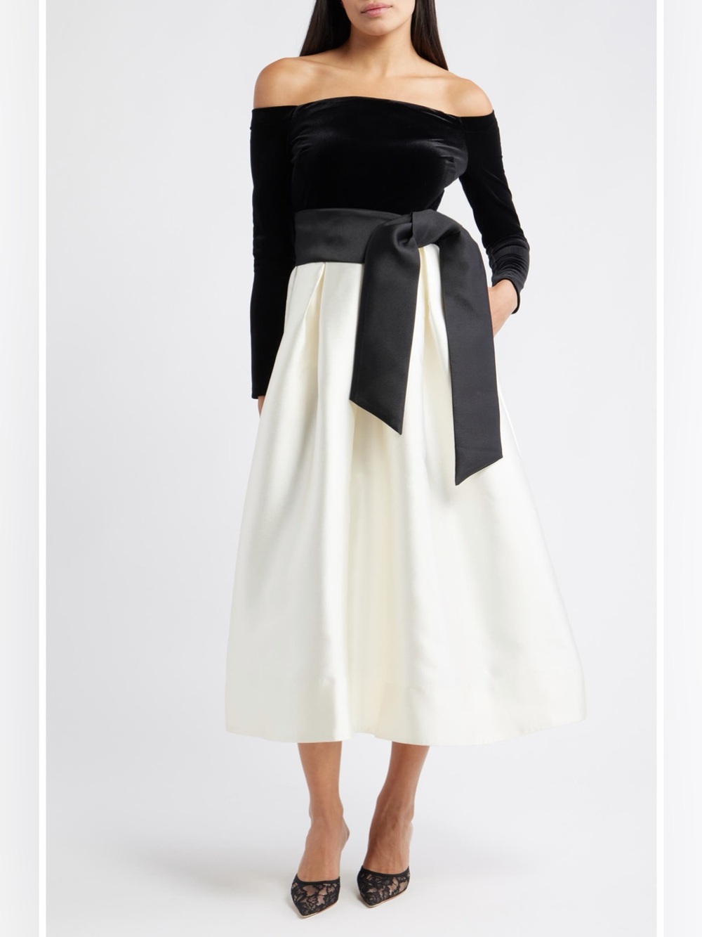 Off the Shoulder Long Sleeve Velvet Cocktail Midi Dress